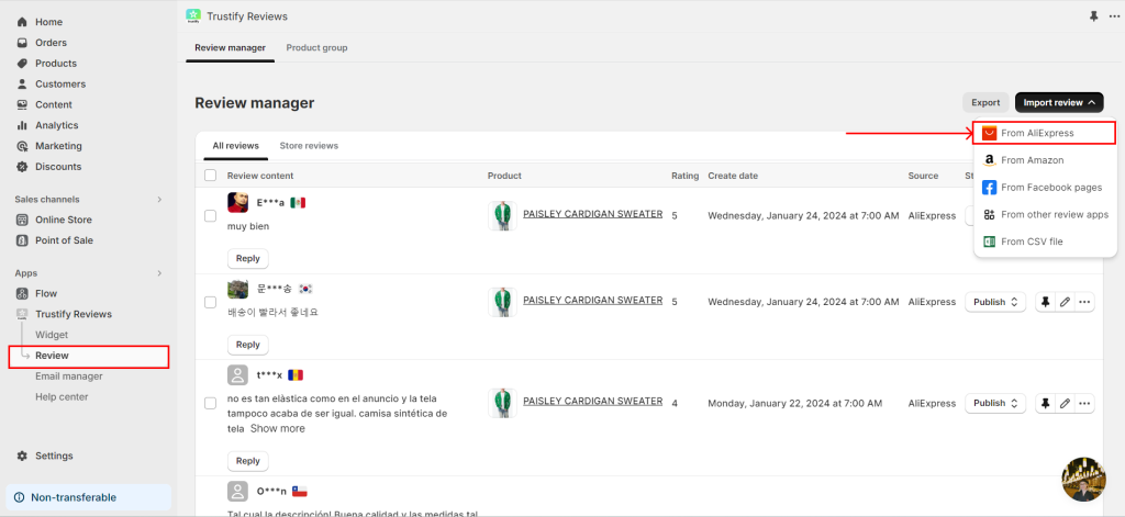 import reviews from AliExpress to Trustify