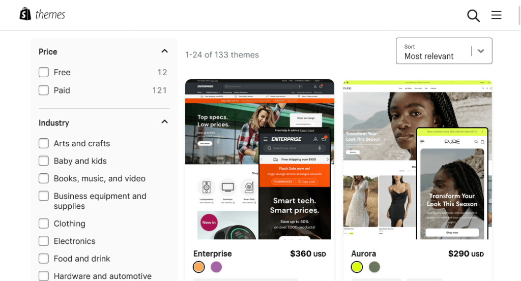 The Shopify theme store provides 150 options made up of paid and free themes under multiple categories