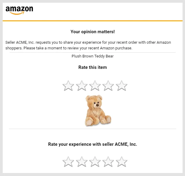 Example of a personalized Amazon's review request email subject line.