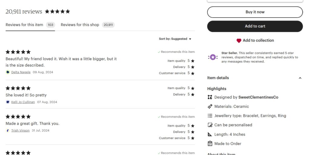 Etsy’s recommendations and customer reviews