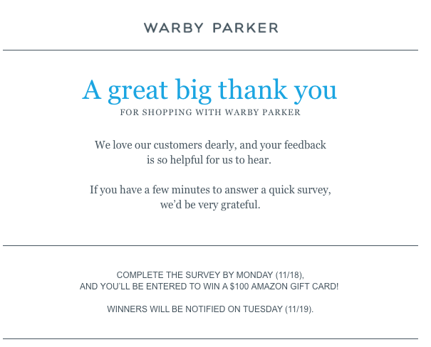 A great example of a thank you email from Warby Parker .