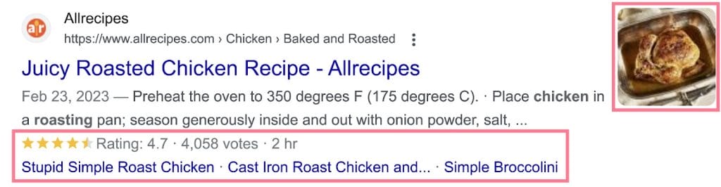 Allrecipes showcases its “Juicy Roasted Chicken Recipe” through this rich snippet