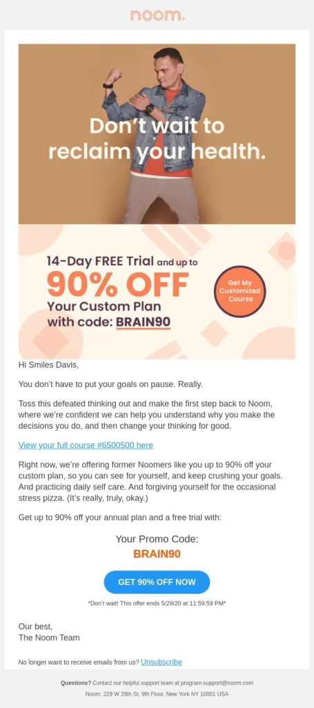 Example of Win-back email from Noom.