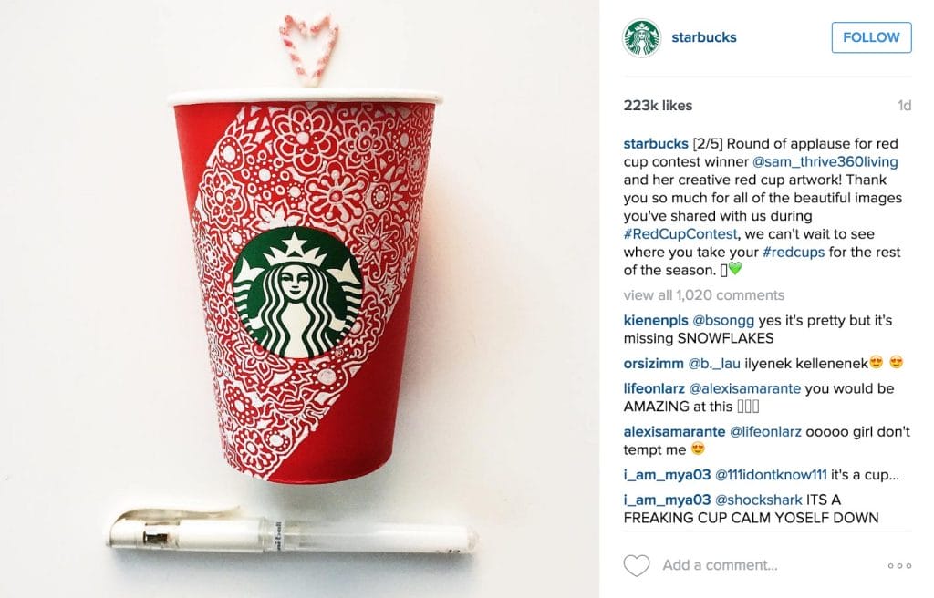 Example of UGC Reviews from Starbucks: “#RedCupContest” invites customers to decorate their Starbucks red holiday cups and share photos on social media using the hashtag