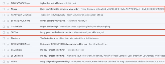 Personalized Subject Line from Abandoned Cart Email of Nikuku shop.
