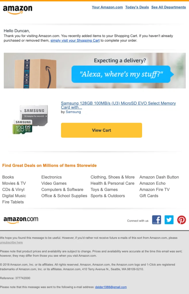 Personalized product reminder email from Amazon.