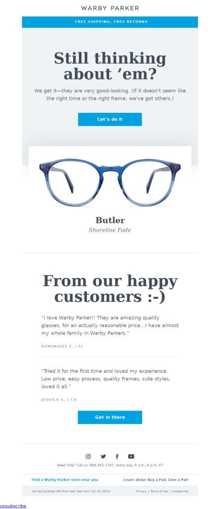 Warby Parker's email includes customer testimonials 