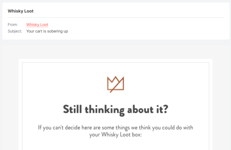 Problem-Solution subject line from abandoned cart email of Whiskey Loot brand.