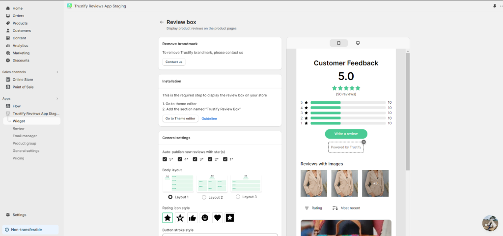 Trustify Reviews App collects customer feedback and easily showcases testimonials on your website.