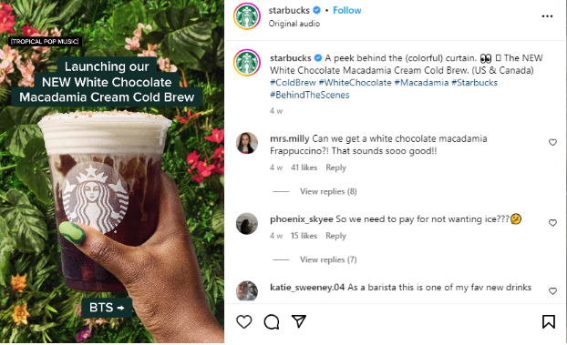 Starbucks actively interacts with customers who post Visual UGC about their coffee experiences.