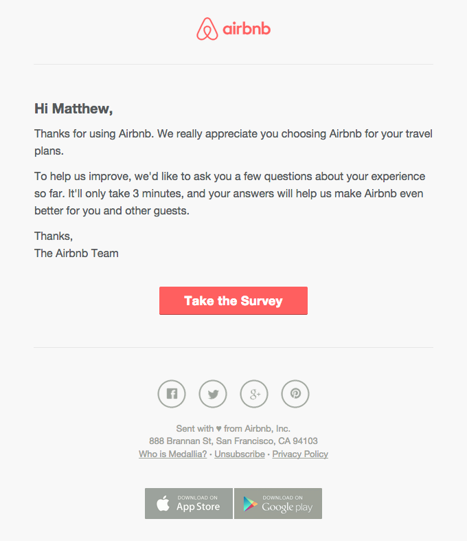 Airbnb sends follow-up emails to guests after their stay, thanking them for choosing a host and inviting them to leave a review of their experience