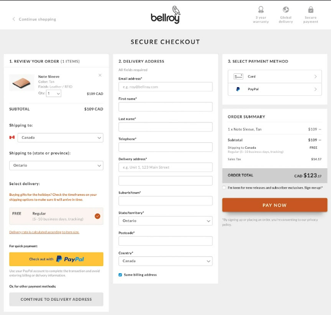 An effective example of Bellroy's one-page Shopify checkout.