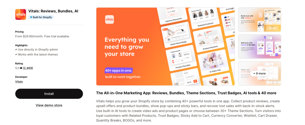 Vitals (All-in-One Marketing) best shopify apps for clothing store